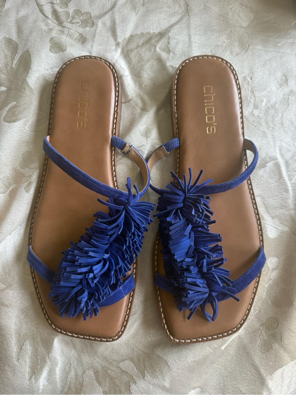 Chico's Delray Royal Blue Suede Fringe Flat Sandals Size 8M